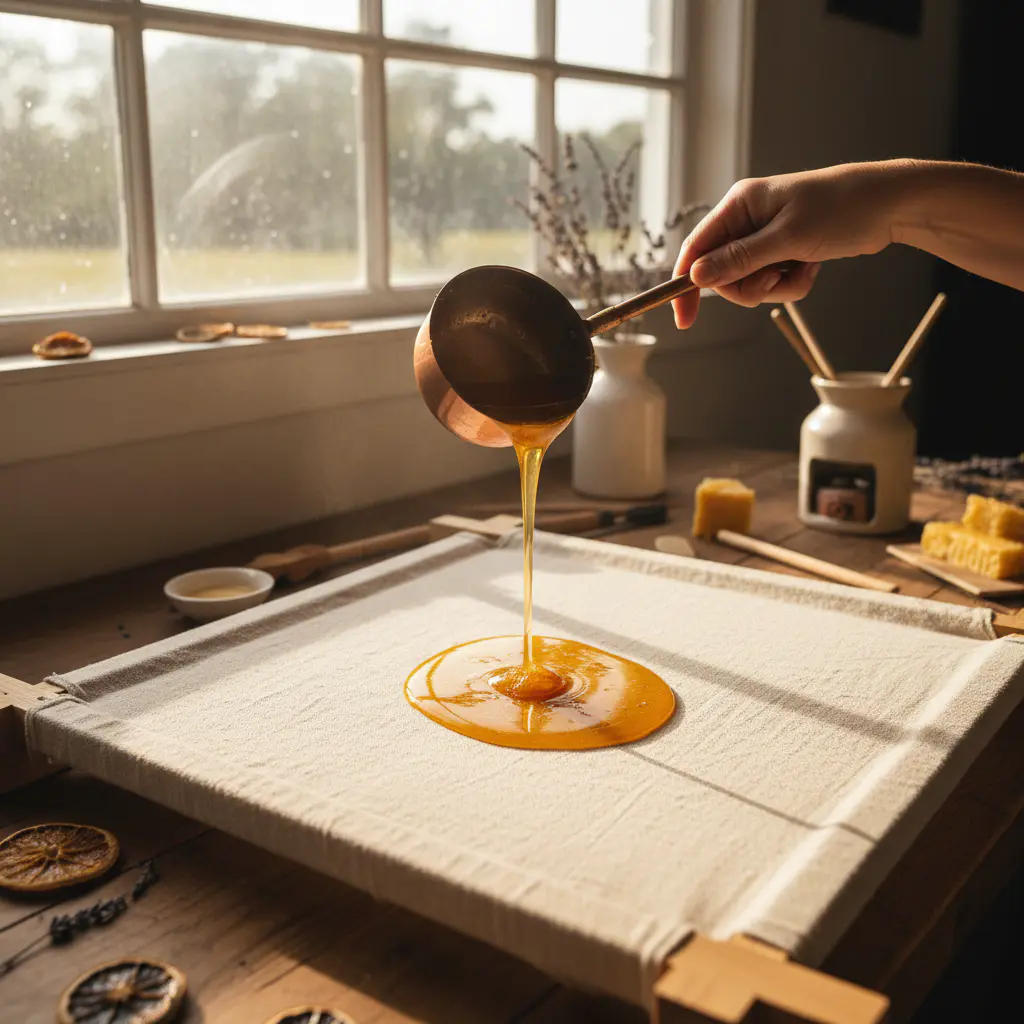Artisan pouring melted beeswax over organic cotton fabric in a sunlit workshop
