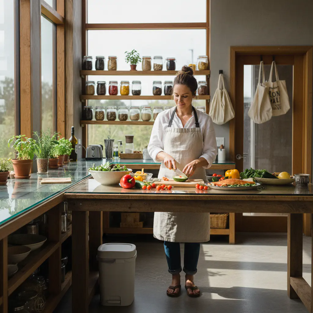 Woman preparing an organic lunch in a bright kitchen