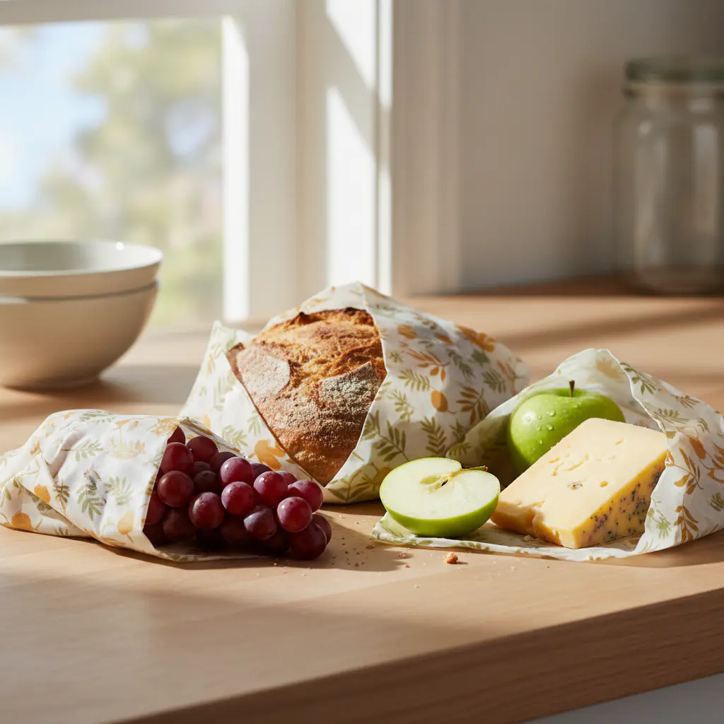 Fresh bread, fruits, and cheese wrapped in reusable natural beeswax wraps on a bright kitchen counter