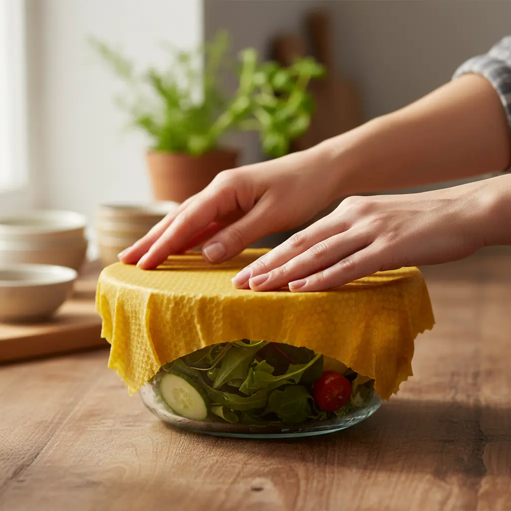 Hands sealing a bowl with beeswax wrap